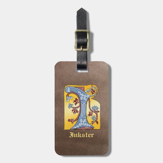 中世の青と赤のツタのライトレターI ラゲッジタグ (正面縦)