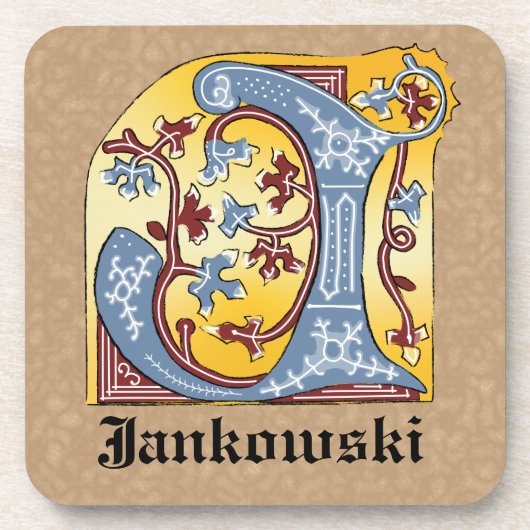 中世の青と赤のツタのライトレターJ コースター (正面)