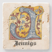 中世の青と赤のツタのライトレターJ ストーンコースター (正面)