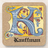 中世の青と赤のツタのライトレターK コースター (正面)