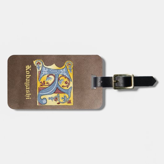 中世の青と赤のツタのライトレターK ラゲッジタグ (正面横)