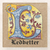 中世の青と赤のツタのライトレターL ガラスコースター (正面)