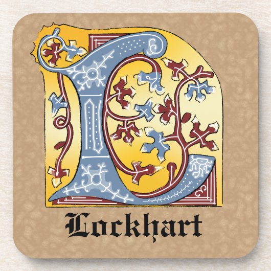 中世の青と赤のツタのライトレターL コースター (正面)