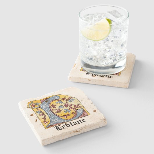 中世の青と赤のツタのライトレターL ストーンコースター (横)