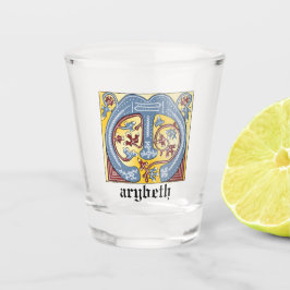 中世の青と赤のツタのライトレターM ショットグラス