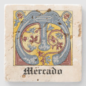 中世の青と赤のツタのライトレターM ストーンコースター (正面)