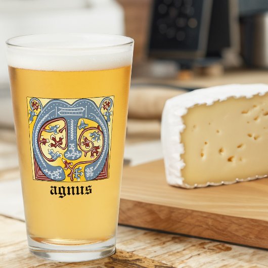 中世の青と赤のツタのライトレターM タンブラーグラス