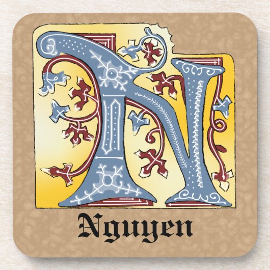 中世の青と赤のツタのライトレターN コースター (正面)