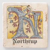 中世の青と赤のツタのライトレターN ストーンコースター (正面)