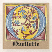 中世の青と赤のツタのライトレターO ガラスコースター (正面)