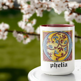 中世の青と赤のツタのライトレターO マグカップ