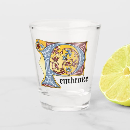 中世の青と赤のツタのライトレターP ショットグラス (正面)