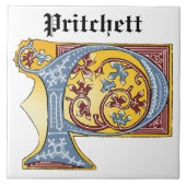 中世の青と赤のツタのライトレターP タイル (正面)