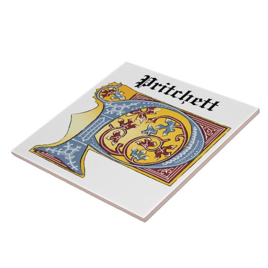 中世の青と赤のツタのライトレターP タイル (側面)