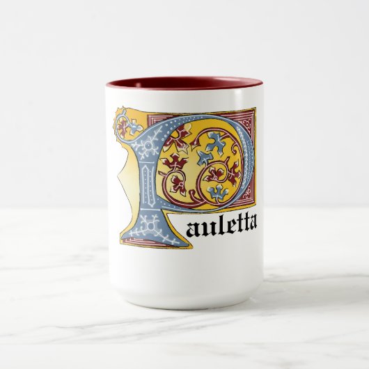 中世の青と赤のツタのライトレターP マグカップ (中央)