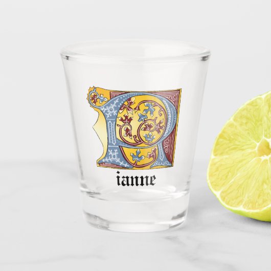 中世の青と赤のツタのライトレターR ショットグラス (正面)