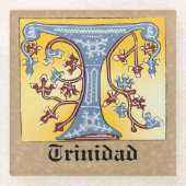 中世の青と赤のツタのライトレターT ガラスコースター (正面)