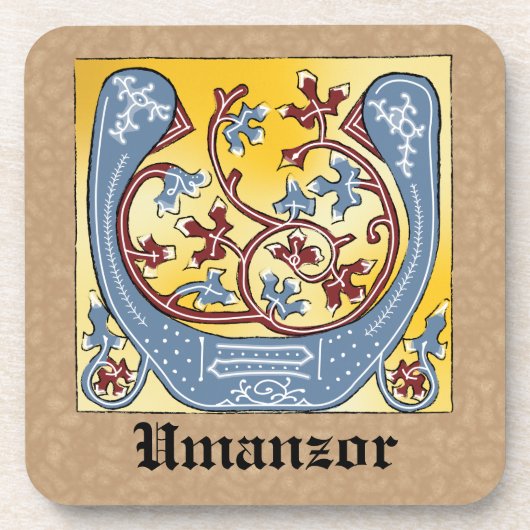 中世の青と赤のツタのライトレターU コースター (正面)