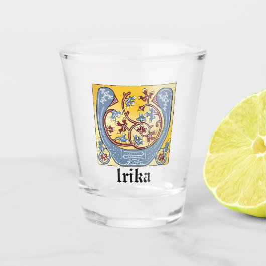 中世の青と赤のツタのライトレターU ショットグラス (正面)