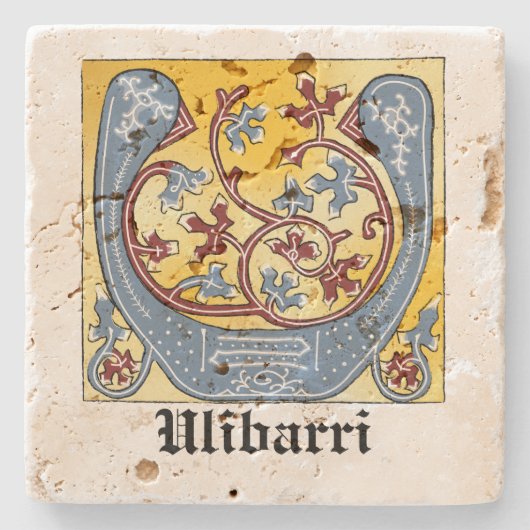 中世の青と赤のツタのライトレターU ストーンコースター (正面)