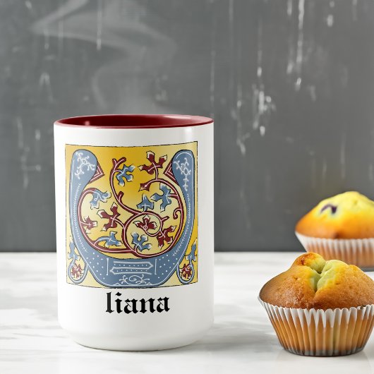 中世の青と赤のツタのライトレターU マグカップ