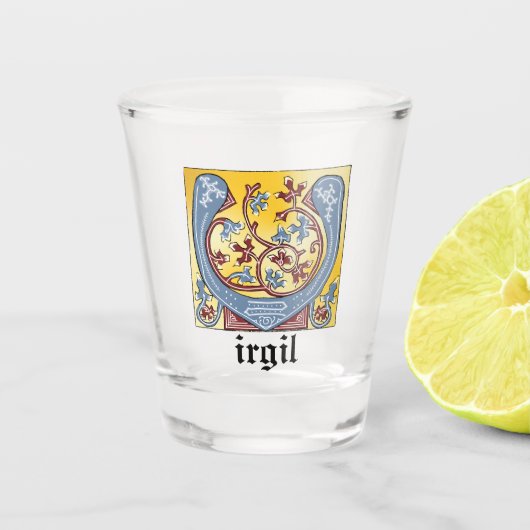 中世の青と赤のツタのライトレターV ショットグラス (正面)