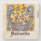 中世の青と赤のツタのライトレターV ストーンコースター (正面)