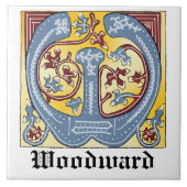 中世の青と赤のツタのライトレターW タイル (正面)