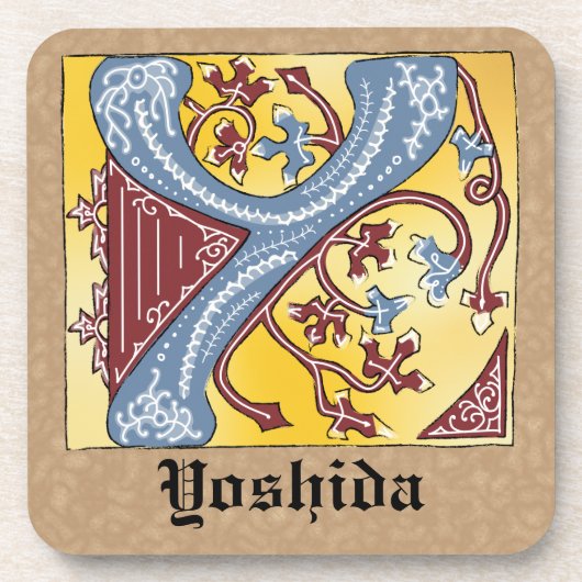 中世の青と赤のツタのライトレターY コースター (正面)