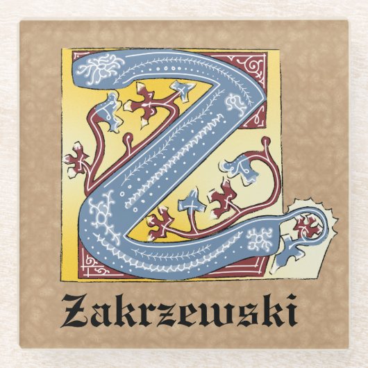 中世の青と赤のツタのライトレターZ ガラスコースター (正面)