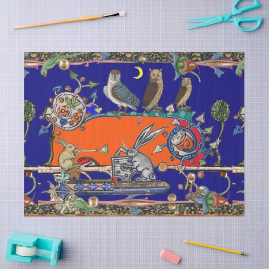 中世の風刺を作る音楽の夜のフクロウ、ウサギ 薄葉紙 (クラフト)