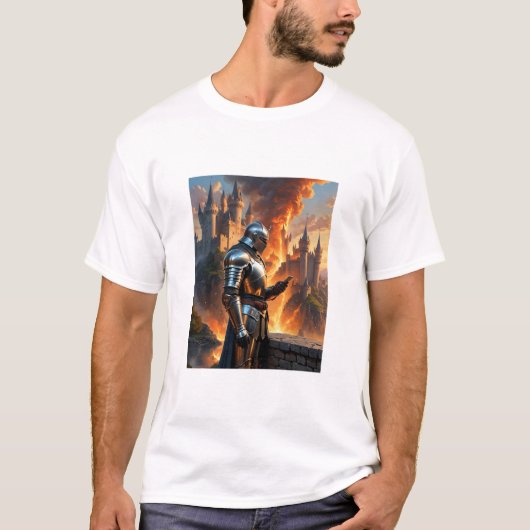 中世の騎士おもしろい城の火災ファンタジーアートティー Tシャツ (正面)