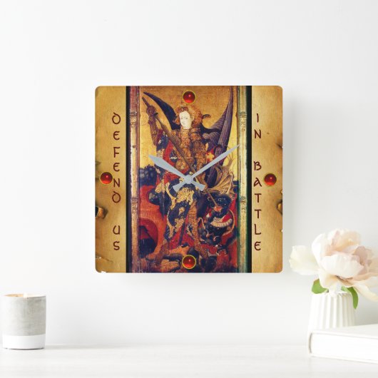 中世の騎士として悪魔を追い払う聖マイケル スクエア壁時計 (ホーム)