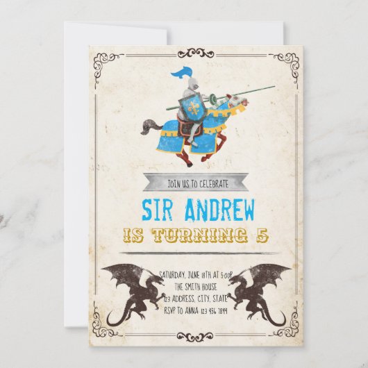 中世の騎士とドラゴンの誕生パーティー 招待状 (正面)