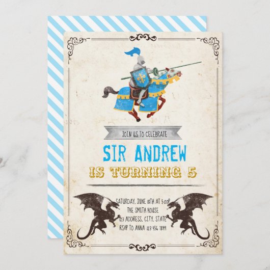 中世の騎士とドラゴンの誕生パーティー 招待状 (正面/裏面)
