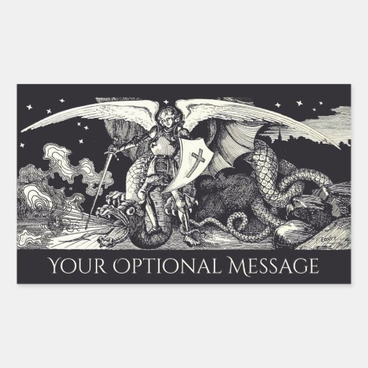 中世の騎士とドラゴンブラックとホワイト 長方形シール (正面)