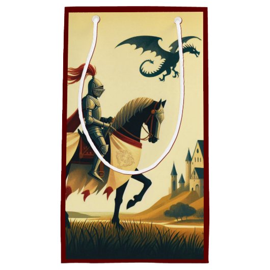 中世の騎士とワイバーンの城の幻想 スモールペーパーバッグ (正面)