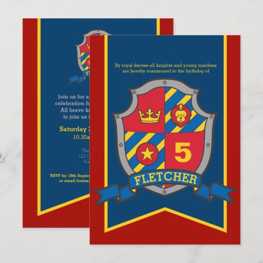 中世の騎士と少女 5歳の誕生日招待状 招待状 (正面/裏面)