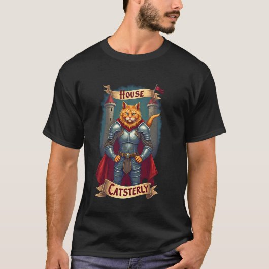 中世の騎士の猫の鎧 ファンタジー ハウスキャット Tシャツ (正面)