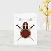 中世の騎士の紋付ヘルメットの剣のシールド カード (黄色い花)