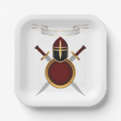 中世の騎士の紋付ヘルメットの剣のシールド ペーパープレート (正面)