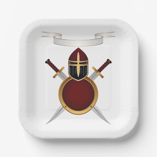 中世の騎士の紋付ヘルメットの剣のシールド ペーパープレート (正面)