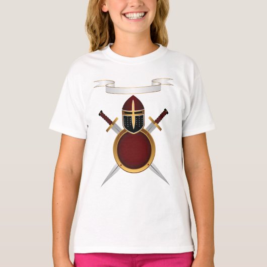 中世の騎士の紋付ヘルメットの剣のシールド Tシャツ (正面)