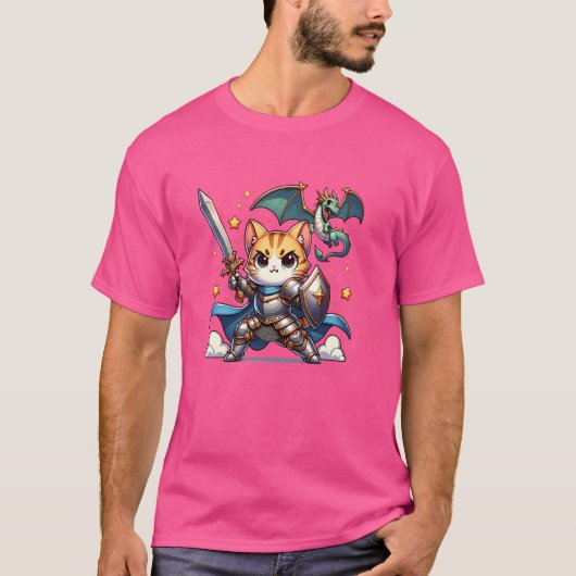 中世の騎士の鎧の猫のドラゴンハンター ルネッサンスフェア Tシャツ (正面)