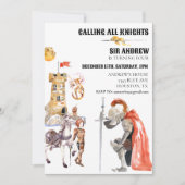 中世の騎士ドラゴンキャッスルウォーターカラー誕生日 招待状 (正面)