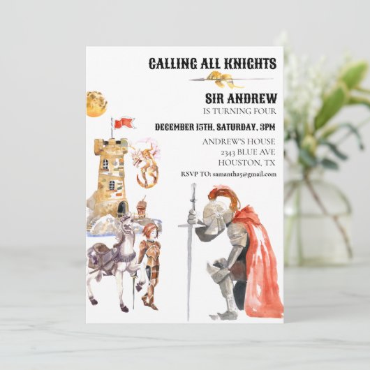 中世の騎士ドラゴンキャッスルウォーターカラー誕生日 招待状 (スタンド正面)