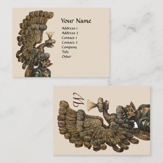 中世の騎士ヘルメット、イーグルウイングモノグラムアイボリー 名刺 (正面/裏面)