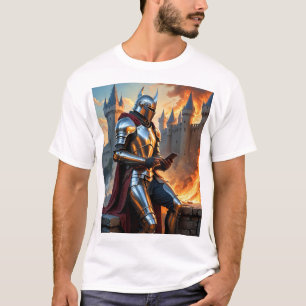 中世の騎士城火災おもしろいファンタジーアートティー Tシャツ