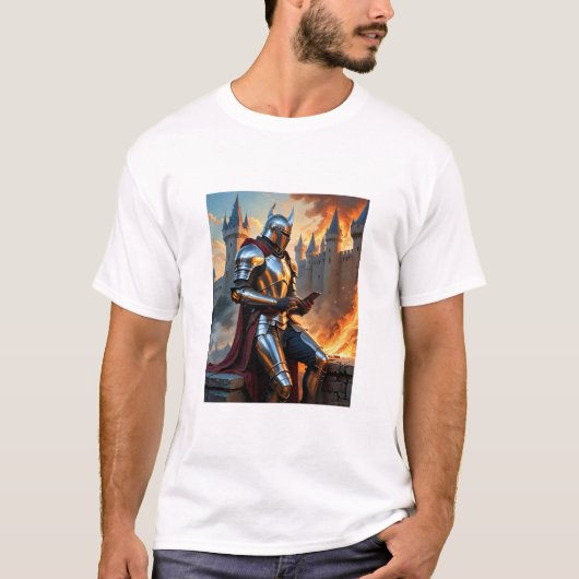 中世の騎士城火災おもしろいファンタジーアートティー Tシャツ (正面)