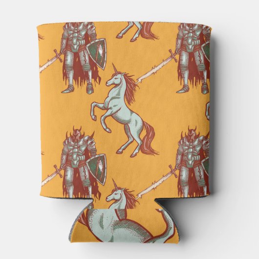 中世の騎士、ユニコーン、ファンタジーのシームレスなパターン 缶クーラー (裏面)